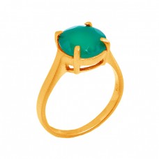 Faceted Round Shape Green Onyx Gemstone 925 Sterling Silver Gold Plated Ring