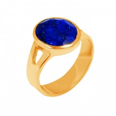Blue Sapphire Oval Cut Gemstone 925 Sterling Silver Gold Plated Ring Jewelry