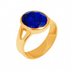 Blue Sapphire Oval Cut Gemstone 925 Sterling Silver Gold Plated Ring Jewelry