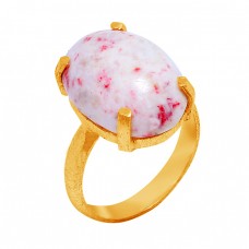 Cabochon Oval Shape Cinnabar Gemstone 925 Sterling Silver Gold Plated Ring