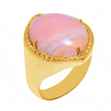 Cabochon Oval Shape Rhodochrosite Gemstone 925 Sterling Silver Gold Plated Ring