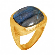 Cabochon Square Shape Labradorite Gemstone 925 Silver Gold Plated Ring Jewelry