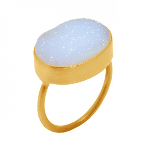 Oval Shape White Druzy Gemstone 925 Sterling Silver Gold Plated Ring Jewelry