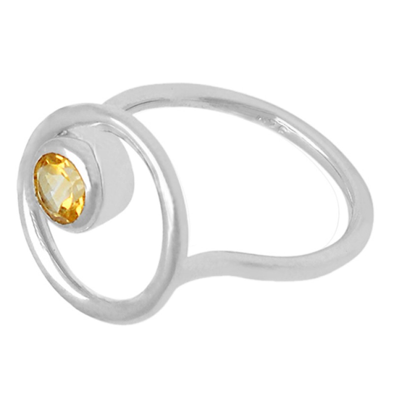 Faceted Round Shape Citrine Gemstone 925 Sterling Silver Handcrafted Ring Jewelry