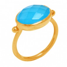 Oval Shape Blue Chalcedony 925 Sterling Silver Gold Plated Ring Jewelry