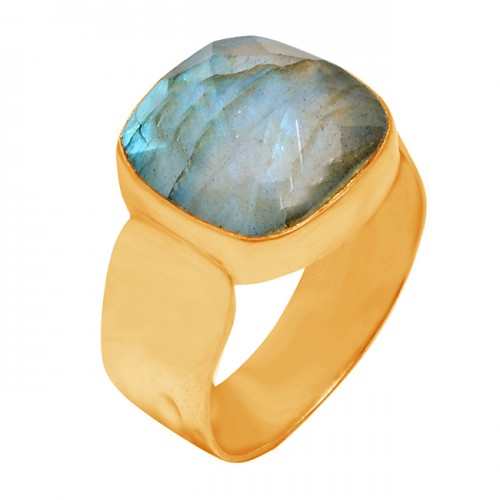 Faceted Square Shape Labradorite Gemstone 925 Sterling Silver Gold Plated Ring