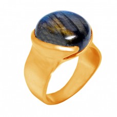 Round Cabochon Labradorite Gemstone 925 Sterling Silver Gold Plated Ring