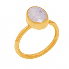 Oval Shape Rainbow Moonstone 925 Sterling Silver Gold Plated Designer Ring