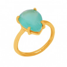 Prong Setting Handmade Designer Ring Aqua Chalcedony Gemstone 925 Sterling Silver Gold Plated Jewelry