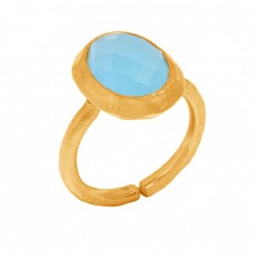 Oval Shape Aqua Chalcedony Gemstone 925 Sterling Silver Gold Plated Ring