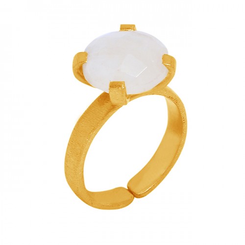 Rainbow Moonstone Round Shape 925 Sterling Silver Gold Plated Ring Jewelry