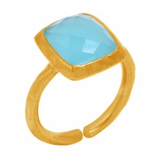 925 Sterling Silver Adjustable Ring Aqua Color Chalcedony Gold Plated Handmade Jewelry 