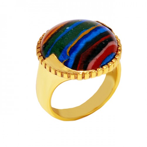Round Shape Rainbow Calsilica Gemstone 925 Sterling Silver Gold Plated Ring Jewelry