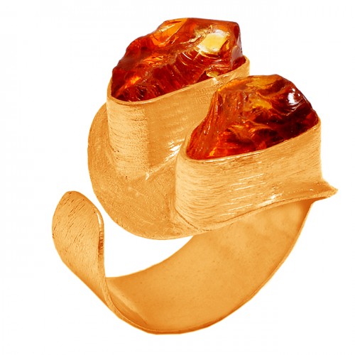 925 Sterling Silver Citrine Rough Gemstone Gold Plated Handmade Ring Jewelry
