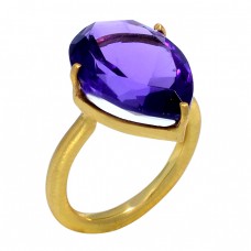 Pear Cut Amethyst Gemstone Prong Setting 925 Sterling Silver Gold Plated Handmade Ring Jewelry