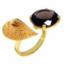 Smoky Quartz Round Shape Gemstone 925 Sterling Silver Gold Plated Designer Ring