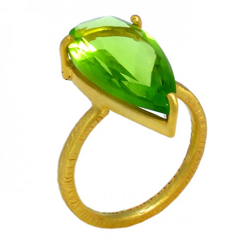 Pear Shape Peridot Gemstone 925 Sterling Silver Gold Plated Prong Setting Ring
