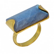Rectangle Shape Labradorite Gemstone 925 Sterling Silver Gold Plated Ring