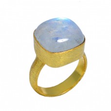 Square Shape Rainbow Moonstone 925 Sterling Silver Gold Plated Ring 