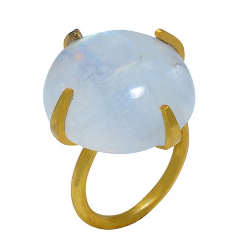 Round Cabochon Rainbow Moonstone 925 Sterling Silver Gold Plated Ring Jewelry