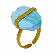 925 Sterling Silver Larimar Rough Gemstone Gold Plated Handmade Ring Jewelry