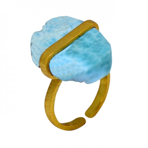 925 Sterling Silver Larimar Rough Gemstone Gold Plated Handmade Ring Jewelry