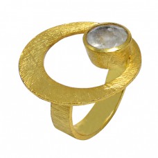 Faceted Round Shape Rainbow Moonstone 925 Sterling Silver Gold Plated Ring