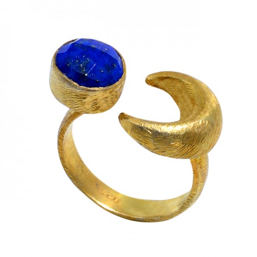 Round Shape Blue Sapphire Gemstone 925 Sterling Silver Gold Plated Ring Jewelry