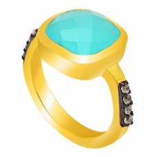 Aqua Chalcedony Cubic Zirconia Gemstone 925 Sterling Silver Gold Plated Ring Jewellery 