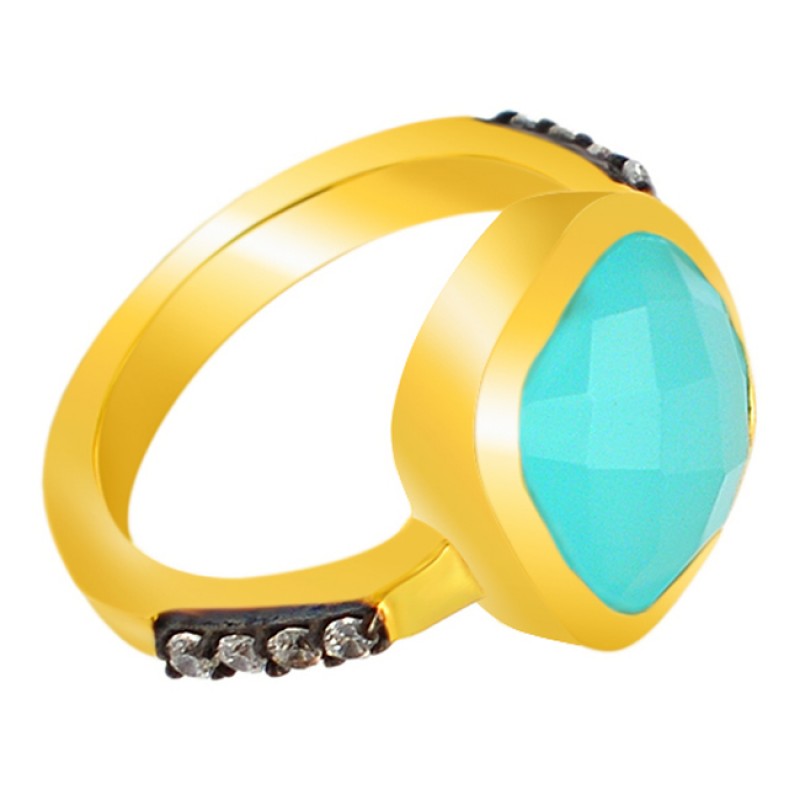 Aqua Chalcedony Cubic Zirconia Gemstone 925 Sterling Silver Gold Plated Ring Jewellery 