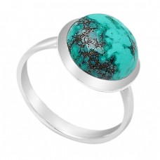 Round Cabochon Blue Turquoise Gemstone 925 Sterling Silver Ring Jewelry