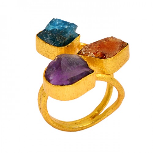 Raw Material Apatite Citrine Amethyst Rough Gemstone 925 Sterling Silver Gold Plated Ring Jewelry