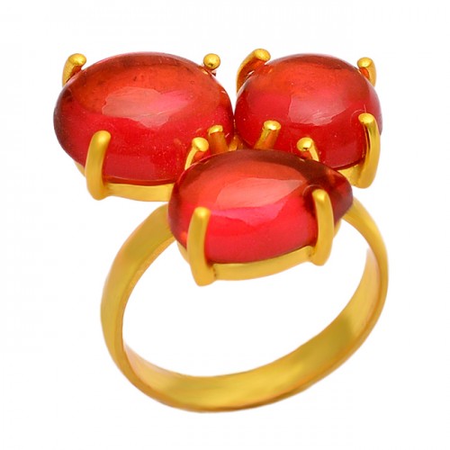 Cabochon Cut Red Onyx Gemstone Prong Setting Handmade 925 Sterling Silver Gold Plated Ring 