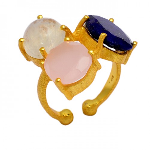 Lapis Lazuli Chalcedony Moonstone 925 Sterling Silver Gold Plated Ring Jewelry