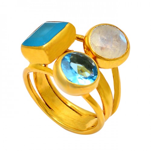 Handmade Design Rainbow Moonstone Blue Topaz Chalcedony Gemstone 925 Sterling Silver Gold Plated Ring 