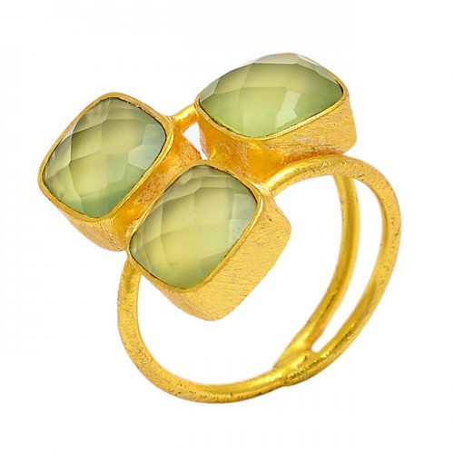 Square Shape Prehnite Chalcedony Gemstone 925 Sterling Silver Gold Plated Ring