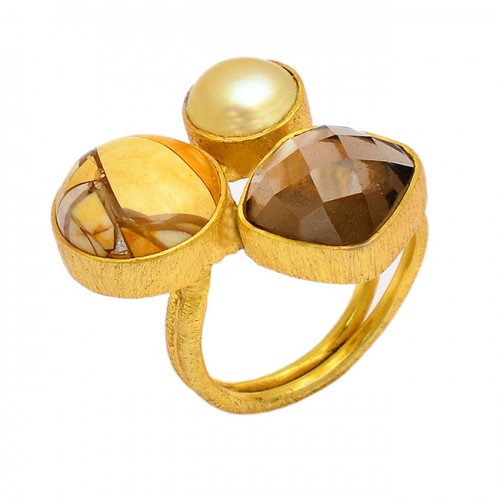 Pearl Smoky Quartz Brecciated Mookaite Gemstone 925 Silver Gold Plated Ring