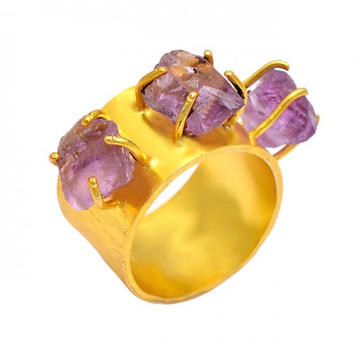 925 Sterling Silver Amethyst Rough Gemstone Gold Plated Prong Setting Ring