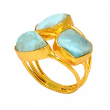 Uneven Shape Larimar Gemstone 925 Sterling Silver Gold Plated Ring Jewelry