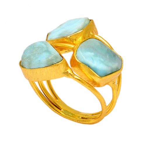 Uneven Shape Larimar Gemstone 925 Sterling Silver Gold Plated Ring Jewelry
