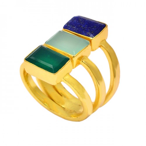Rectangle Shape Lapis Chalcedony Green Onyx Gemstone Gold Plated Ring 