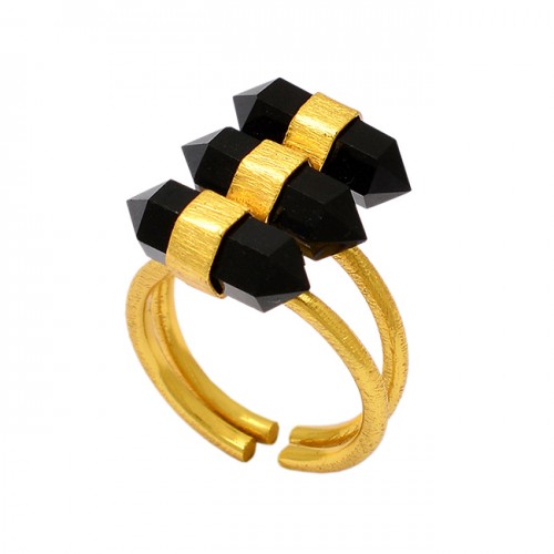 Step Cut Pencil Shape Black Onyx Gemstone 925 Sterling Silver Gold Plated Ring