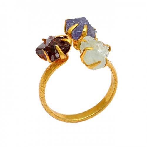 Garnet Tanzanite Aquamarine Rough Gemstone 925 Silver Gold Plated Ring