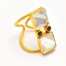 Crystal Smoky Quartz Gemstone 925 Sterling Silver Gold Plated Stylish Ring