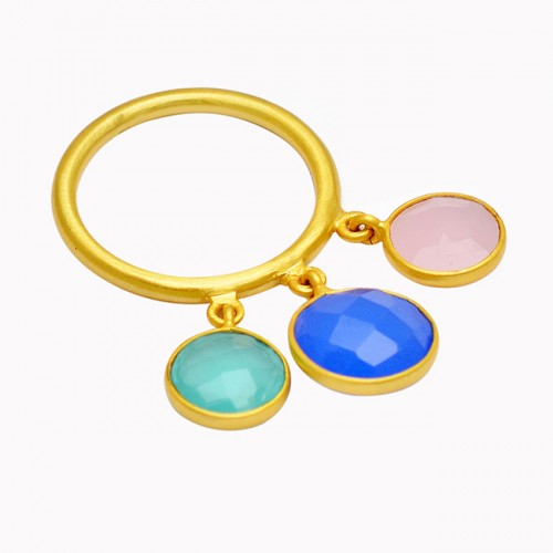 Briolette Round Shape Chalcedony Gemstone 925 Sterling Silver Gold Plated Ring