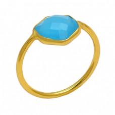 Hexagon Shape Aqua Chalcedony Gemstone 925 Sterling Silver Gold Plated Ring