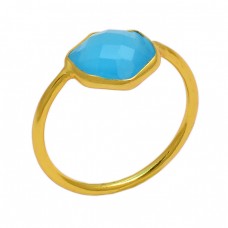 Hexagon Shape Aqua Chalcedony Gemstone 925 Sterling Silver Gold Plated Ring