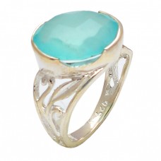 Oval Shape Aqua Color Chalcedony Gemstone 925 Sterling Silver Rings Jewelry