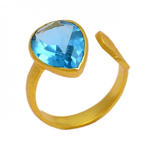 faceted Pear Shape Blue Topaz Gemstone 925 Sterling Silver Gold Plated Ring