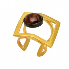 Round Shape Tiger Eye Gemstone 925 Sterling Silver Gold Plated Designer Ring